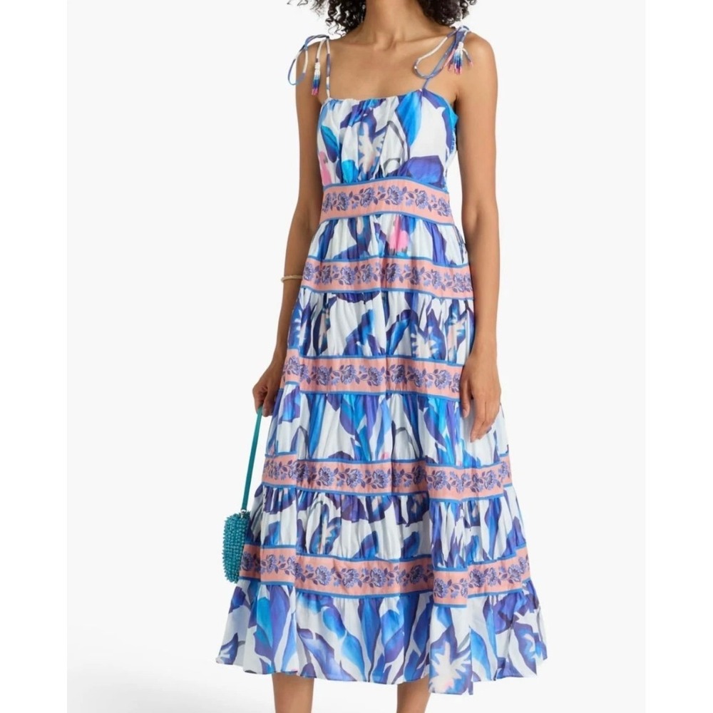 Farm Rio Tropical Parrot Print Tiered Cotton Maxi Dress Blue Pink Small 321352